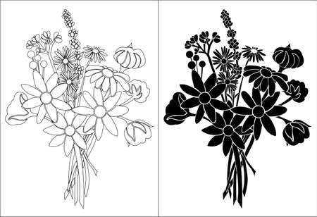Abstract floral design with line art and silhouette isolated on white background - vector illustrationのイラスト素材