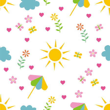 Abstract Summer hand drawn objects of Sun, flowers, petals, hearts, clouds, umbrella isolated on...