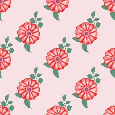 Beautiful red spring flower with green leaves isolated on pink background is in Seamless pattern -...