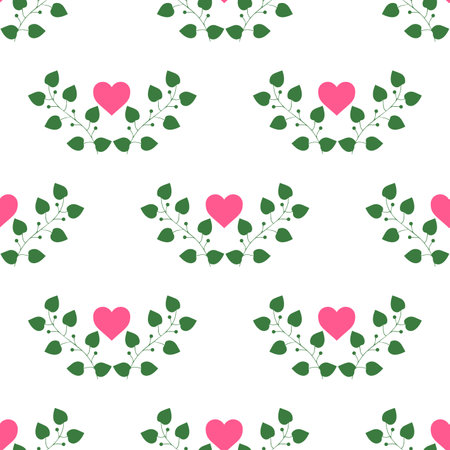 Beautiful pink heart with leafy petals isolated on white background is in Seamless pattern - vector illustrationのイラスト素材