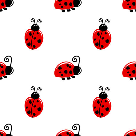 Red Ladybug moving isolated on white background is in Seamless pattern - vector illustrationのイラスト素材