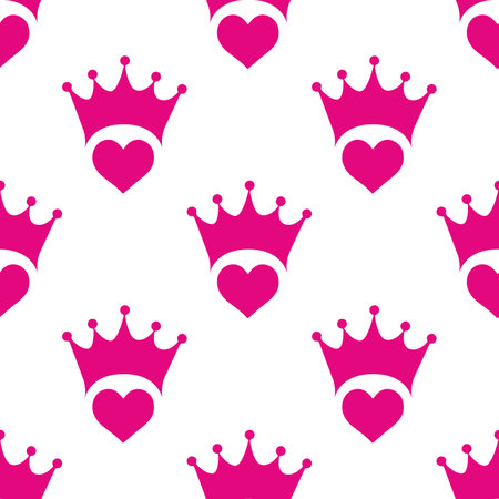 Beautiful pink heart with queen crown isolated on white background is in Seamless pattern - vector illustrationのイラスト素材