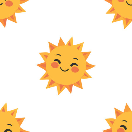 Kids cartoon style designed Yellow sun with full smile isolated on white background is in Seamless pattern - vector illustrationのイラスト素材
