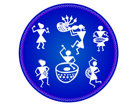 Beautiful warli art painting with blue background isolated - vector illustrationのイラスト素材