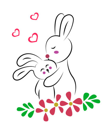 Beautiful bunny with her child kids drawing isolated on white background - vector illustrationのイラスト素材