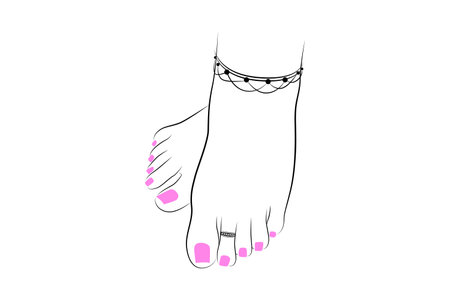 Beautiful Indian woman feet with anklet and Teo ring line drawing isolated on white background - vector illustrationのイラスト素材