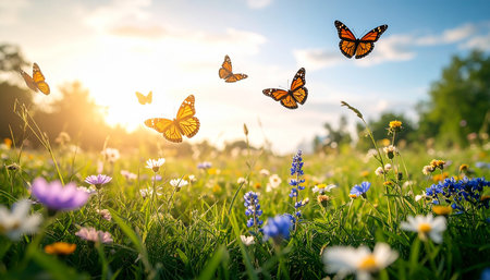 Beautiful butterflies flying over meadow with wildflowers. Nature backgroundの素材