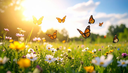 Butterflies flying over a meadow with daisies.の素材