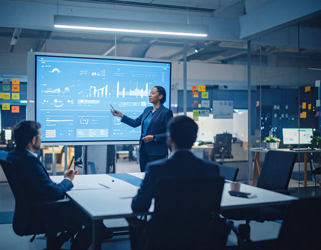 Business people discussing over charts and graphs on a computer screen in officeの素材