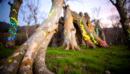Colorful Christmas lights on an old tree in the garden. Selective focus.の素材