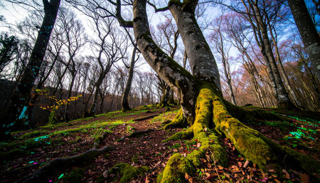 Mossy tree in the forest at autumn time. Natural backgroundの素材