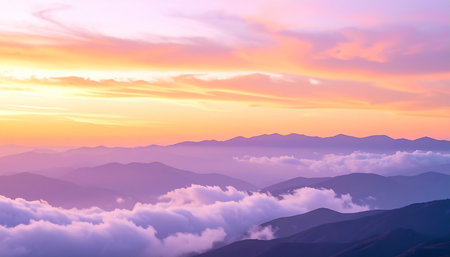 Sunrise at the top of the mountain with cloud and sky backgroundの素材