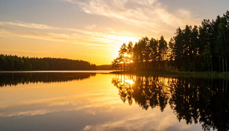 Sunset over the lake with reflection in the water. Finland.の素材
