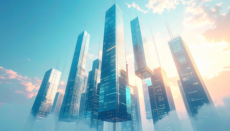 Skyscrapers on a background of blue sky. 3d renderingの素材