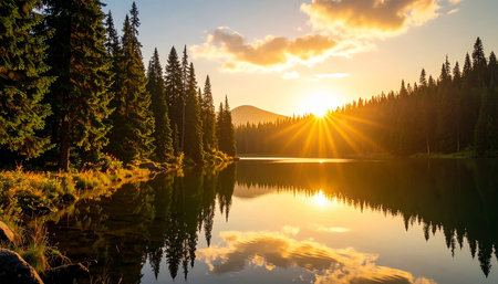 Sunset over the lake in the mountains. The concept of active and ecological tourismの素材