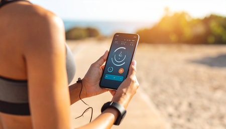 Fitness app on mobile phone screen. Woman in sportswear using fitness app on smartphone.の素材