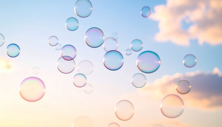Soap bubbles against a blue sky with clouds. Abstract background.の素材