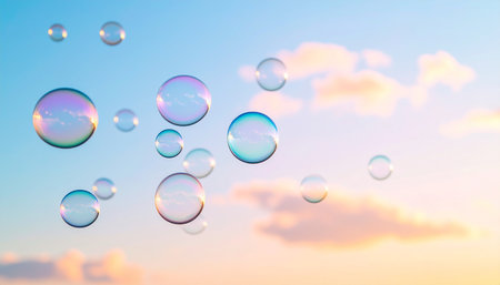 Soap bubbles on a background of blue sky with clouds and rainbow colorsの素材
