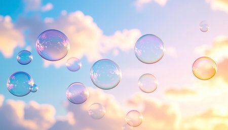Soap bubbles on blue sky background with clouds. Beautiful soap bubbles.の素材