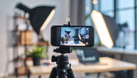 Camera on tripod recording video blog or vlog. Blogging concept.の素材