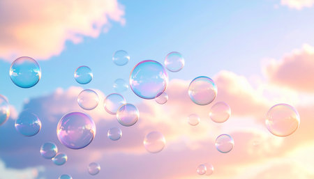 Soap bubbles on a background of blue sky and white clouds.の素材