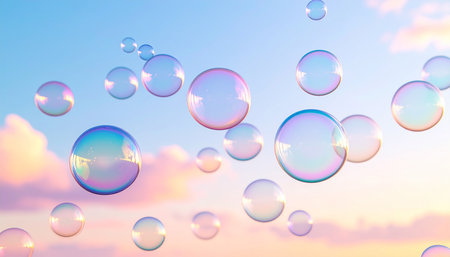 Soap bubbles on a background of blue sky with clouds. 3d renderingの素材