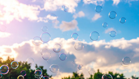 Soap bubbles fly in the blue sky. The background is blurred.の素材