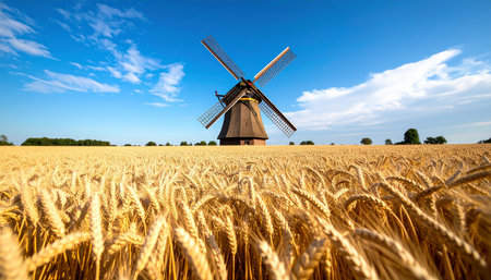 Windmill in the wheat field at sunset. Beautiful summer landscape.の素材