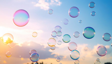 Soap bubbles fly in the sky at sunset or sunrise background.の素材