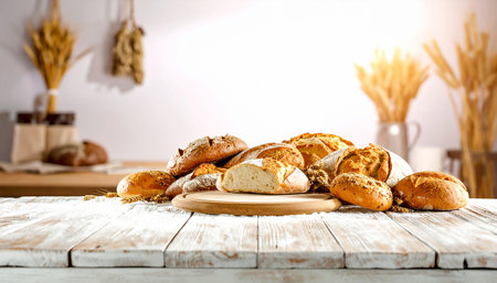 Assortment of baked bread on white wooden table with copy space.の素材