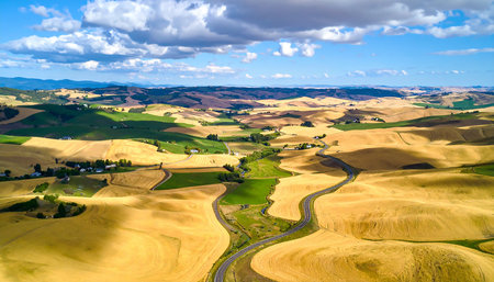 Aerial view of rolling hills in Tuscany, Italy.の素材