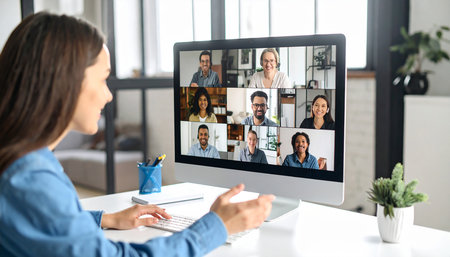 Video call group of people on virtual workplace or remote office. Telework conference call using smart video technology to communicate colleague in professional corporate business.の素材