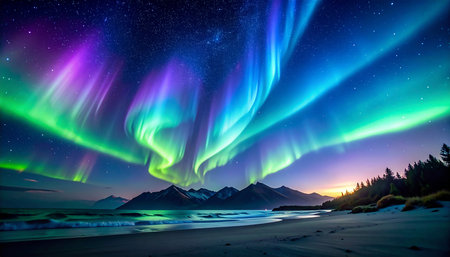 Aurora borealis in the night sky over Lofoten islands, Norwayの素材