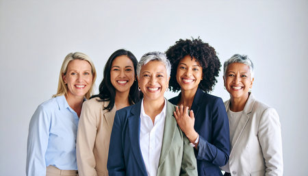 Portrait of a group of smiling businesswomen standing against white backgroundの素材