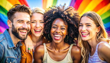 Group of friends having fun on a rainbow background - Multiethnic group of friends having fun togetherの素材