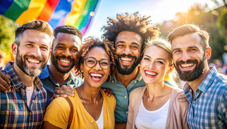 Group of friends having fun together on a sunny day. Multiethnic group of friends having fun outdoors.の素材