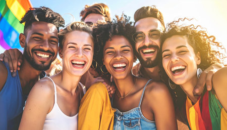 Group of friends with rainbow colors having fun together on the beach.の素材