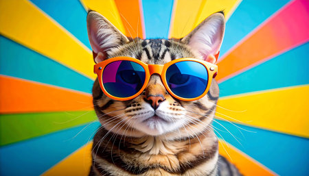 Beautiful bengal cat wearing sunglasses with colorful rainbow background.の素材