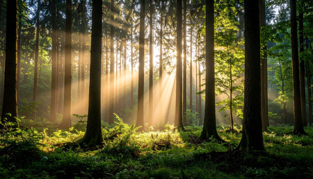 Morning in the forest. Sun rays through the tree trunks.の素材