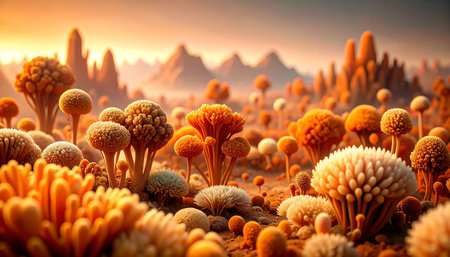 Fantasy alien planet. Mountain. 3D illustration. Vintage style.の素材