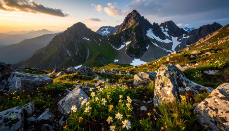 Beautiful alpine meadow with blooming flowers in mountains at sunsetの素材