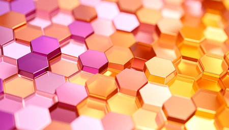 3d rendering of abstract background with hexagons in pink and orange colorsの素材