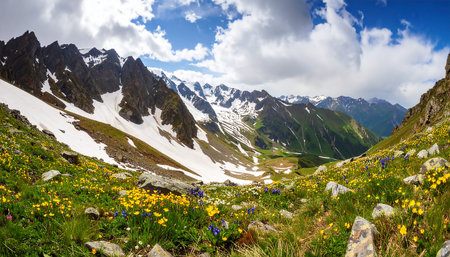 Alpine meadow with blooming crocus flowers and snow-capped mountains in backgroundの素材