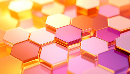 3d rendering of abstract background with hexagons in pink and orangeの素材