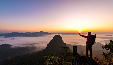 Man hiker taking photo with smart phone on the top of the mountain at sunriseの素材