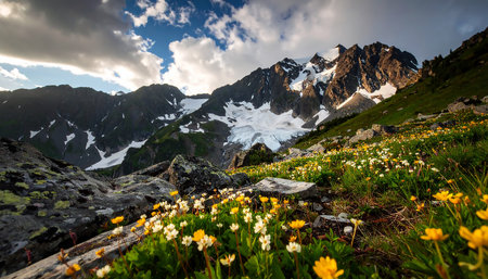Panoramic view of alpine meadow with yellow flowers in Caucasus mountainsの素材