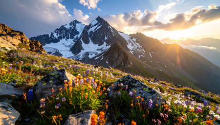 Beautiful alpine meadow with flowers in the mountains at sunsetの素材