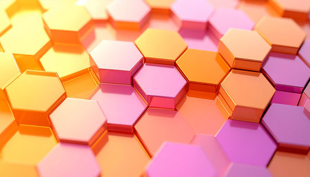 3d rendering of abstract background with hexagons in orange and pinkの素材
