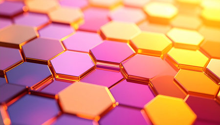 3d rendering of abstract background with hexagons in orange and purple colorsの素材