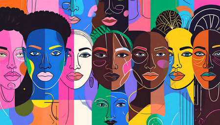 Group of women faces with different skin color. Vector seamless pattern.の素材